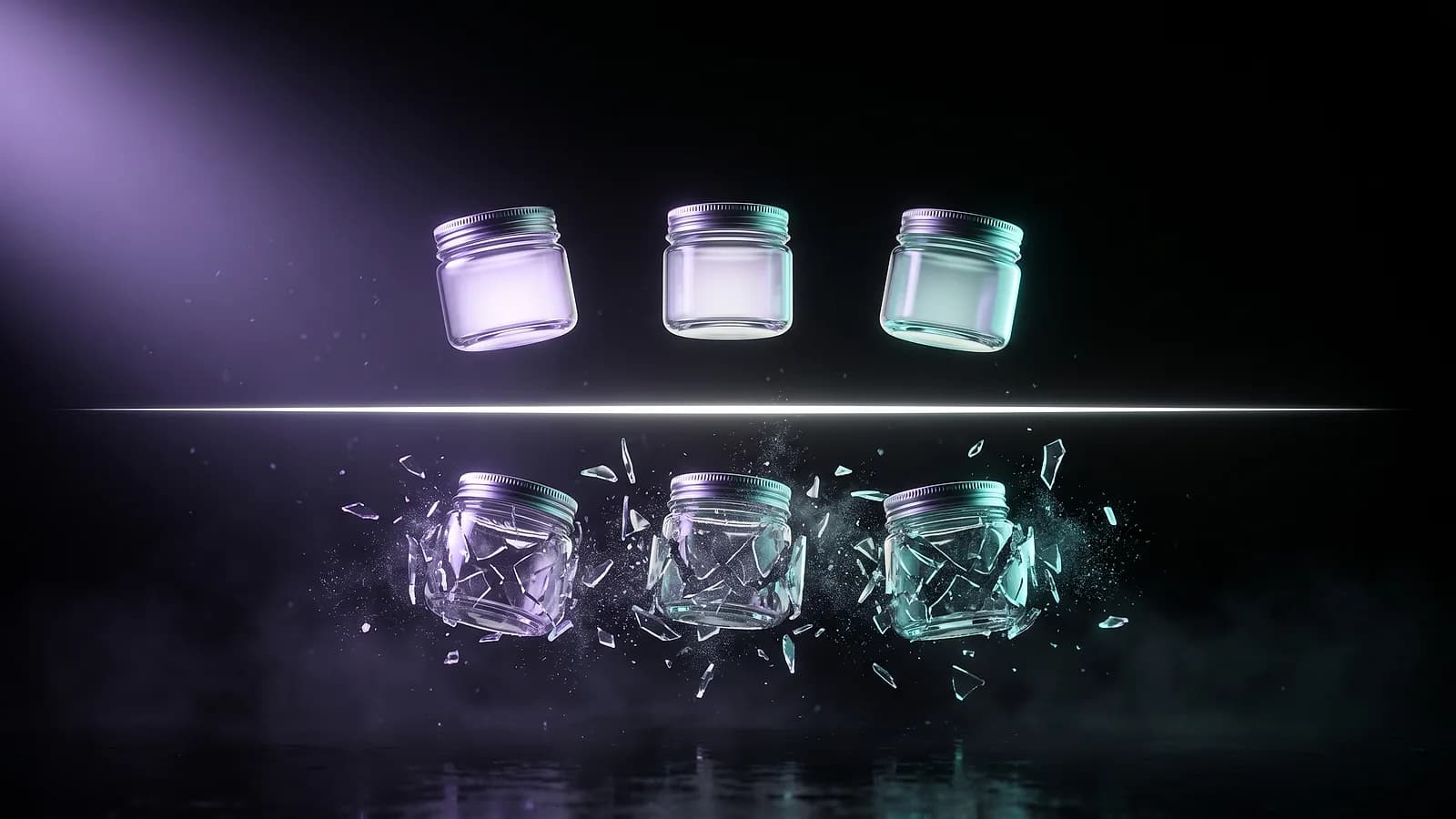 Une ligne de lumière traverse l'image : au-dessus trois bocaux de verre flottent intacts, en dessous trois bocaux identiques éclatent en éclats de verre.