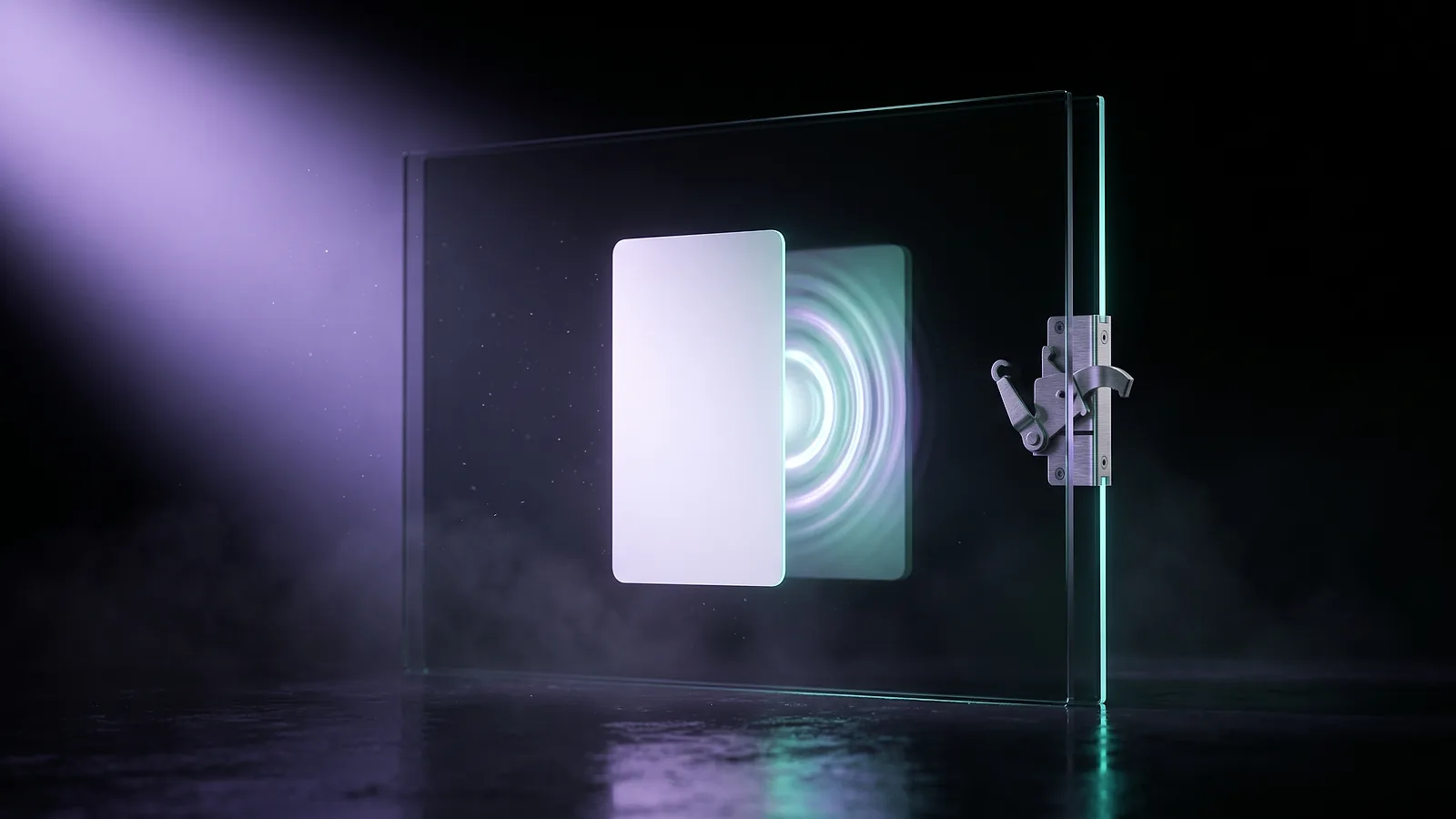 Une carte lumineuse sans aucune inscription est plaquée contre un panneau de verre sombre, une onde circulaire se propage au point de contact et un loquet s'ouvre sur le bord.