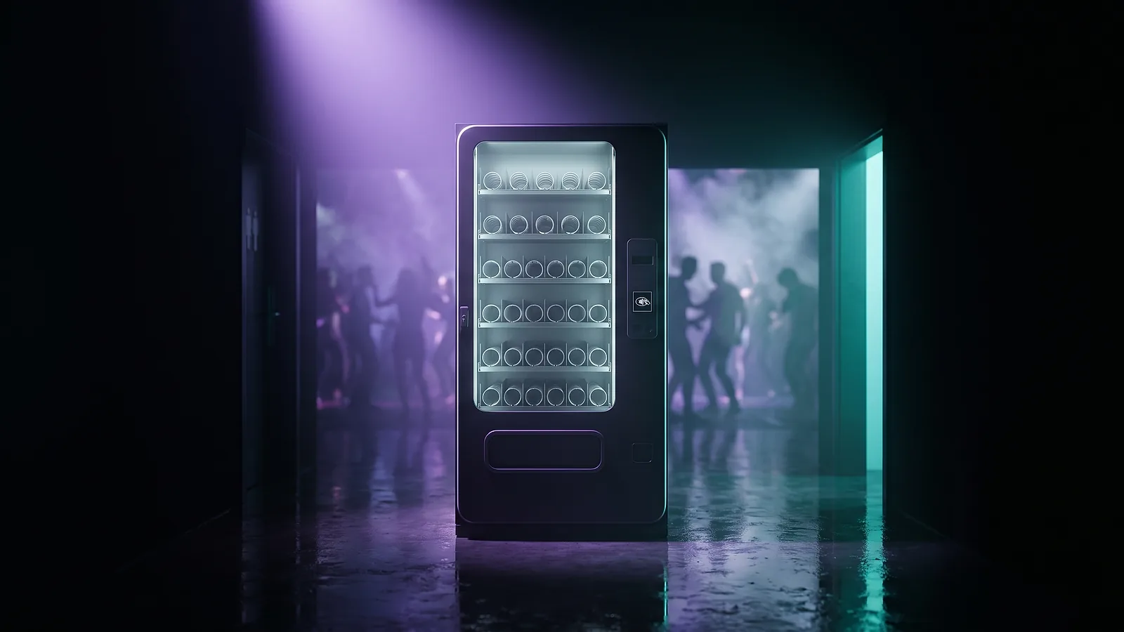 Un distributeur automatique éclairé dans le couloir sombre d'une boîte de nuit, la piste et les silhouettes des danseurs floues derrière lui.
