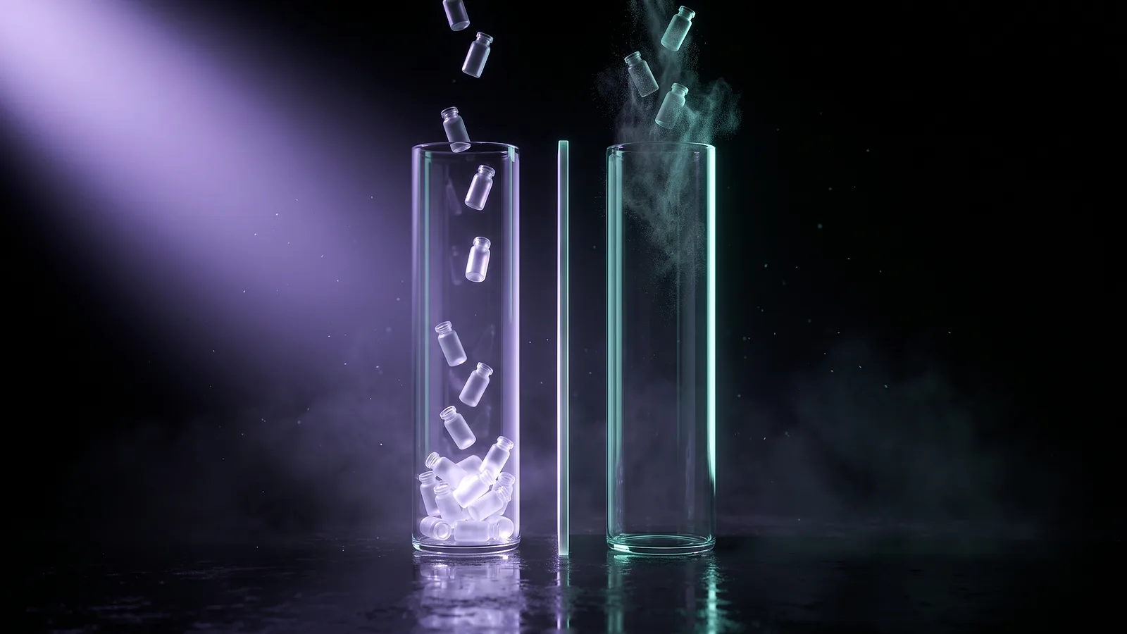 Deux colonnes de verre côte à côte : dans celle de gauche des fioles tombent et s'empilent en s'illuminant, dans celle de droite elles se dissolvent avant d'entrer et la colonne reste vide.