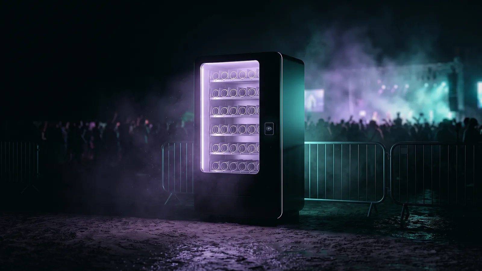 Un distributeur automatique allumé sur le sol battu d'un festival de nuit, entouré de barrières, la foule et la scène éclairée au loin dans la brume.