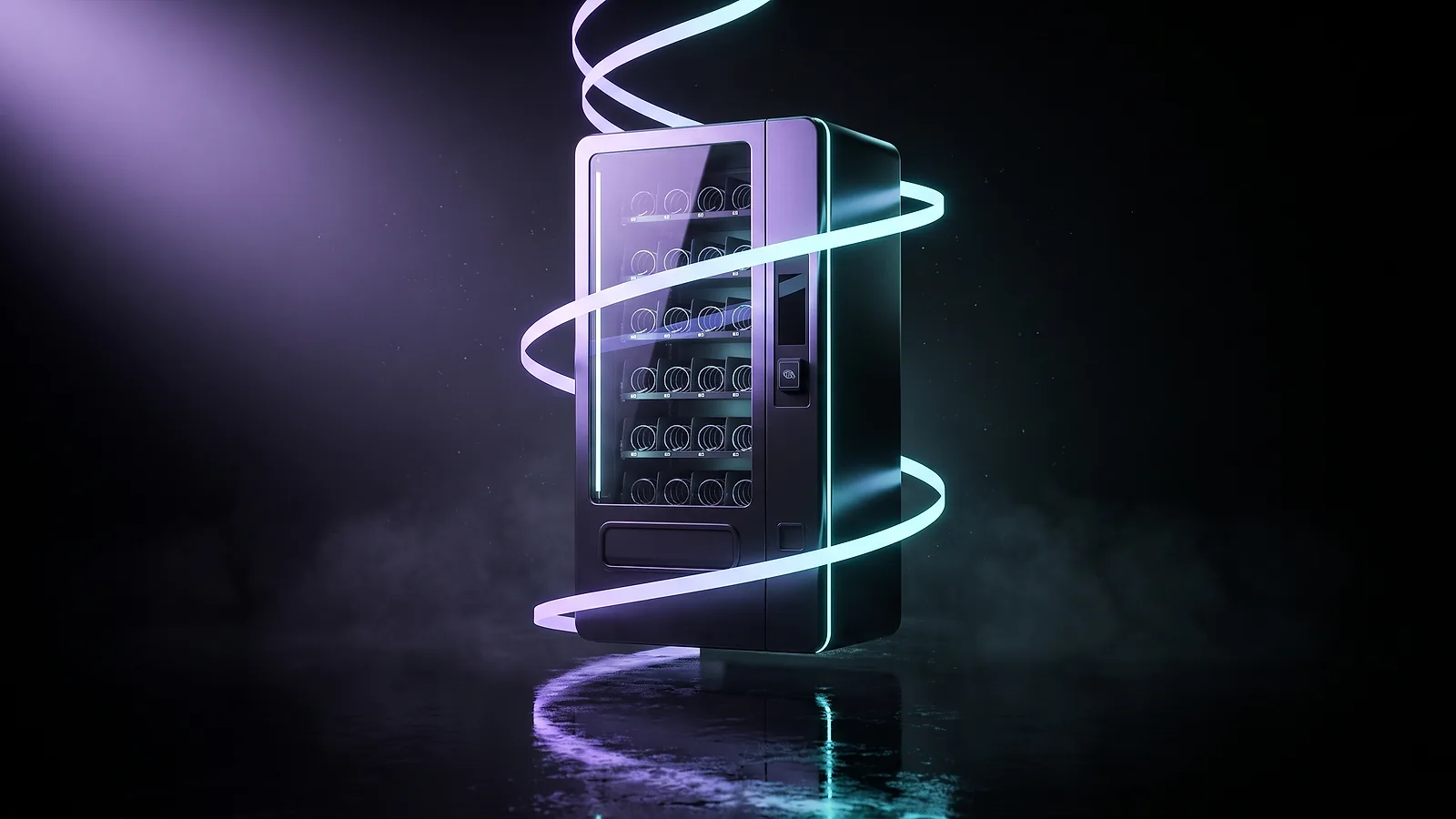 Un distributeur automatique en lévitation au-dessus d'un sol noir réfléchissant, entouré d'un ruban de lumière qui se déroule vers le haut et sort par le sommet.