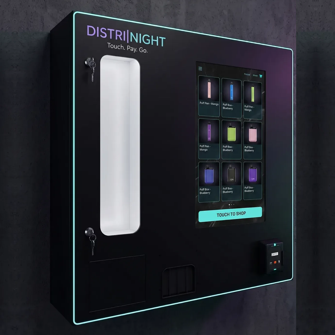Distributeur mural Distrinight Compact S ancienne génération, vitrine éclairée et écran tactile
