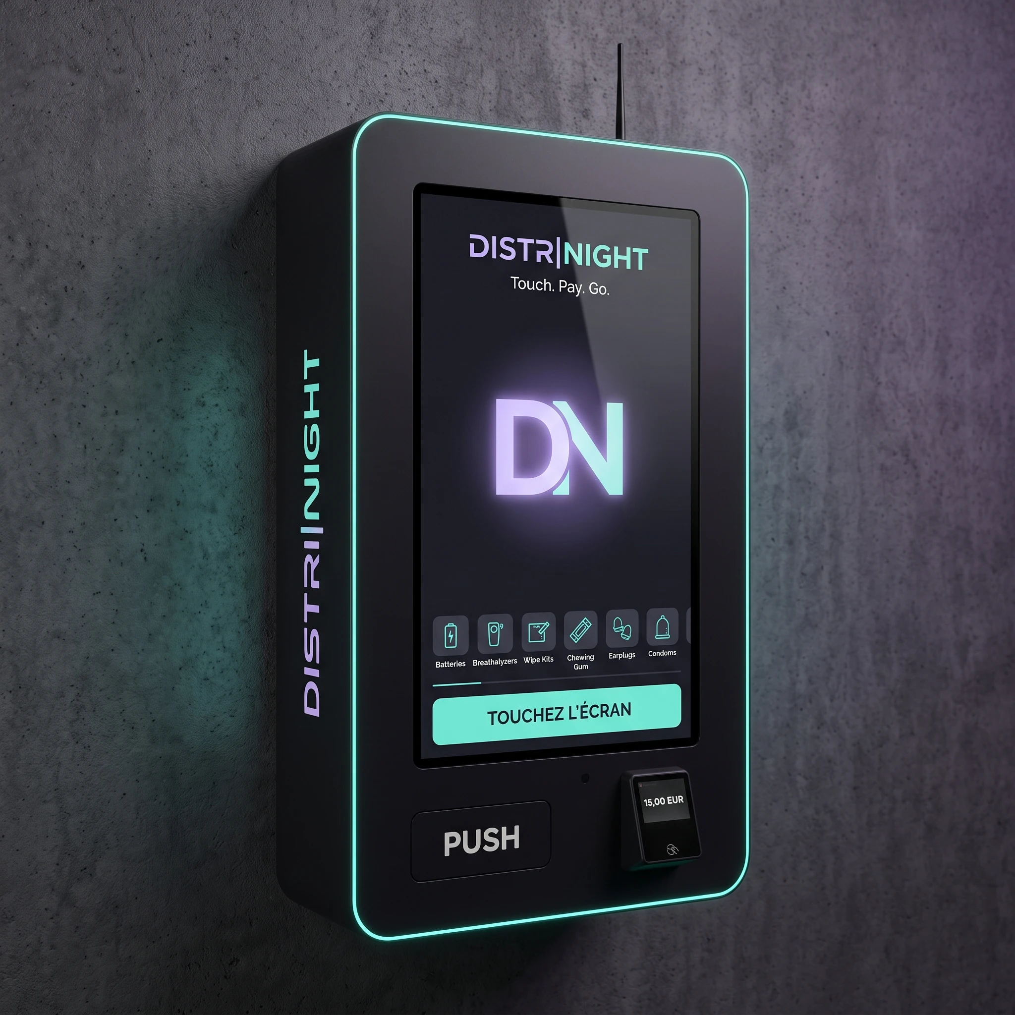 Distributeur mural Distrinight Compact S nouvelle génération, grand écran tactile vertical et terminal de paiement sans contact