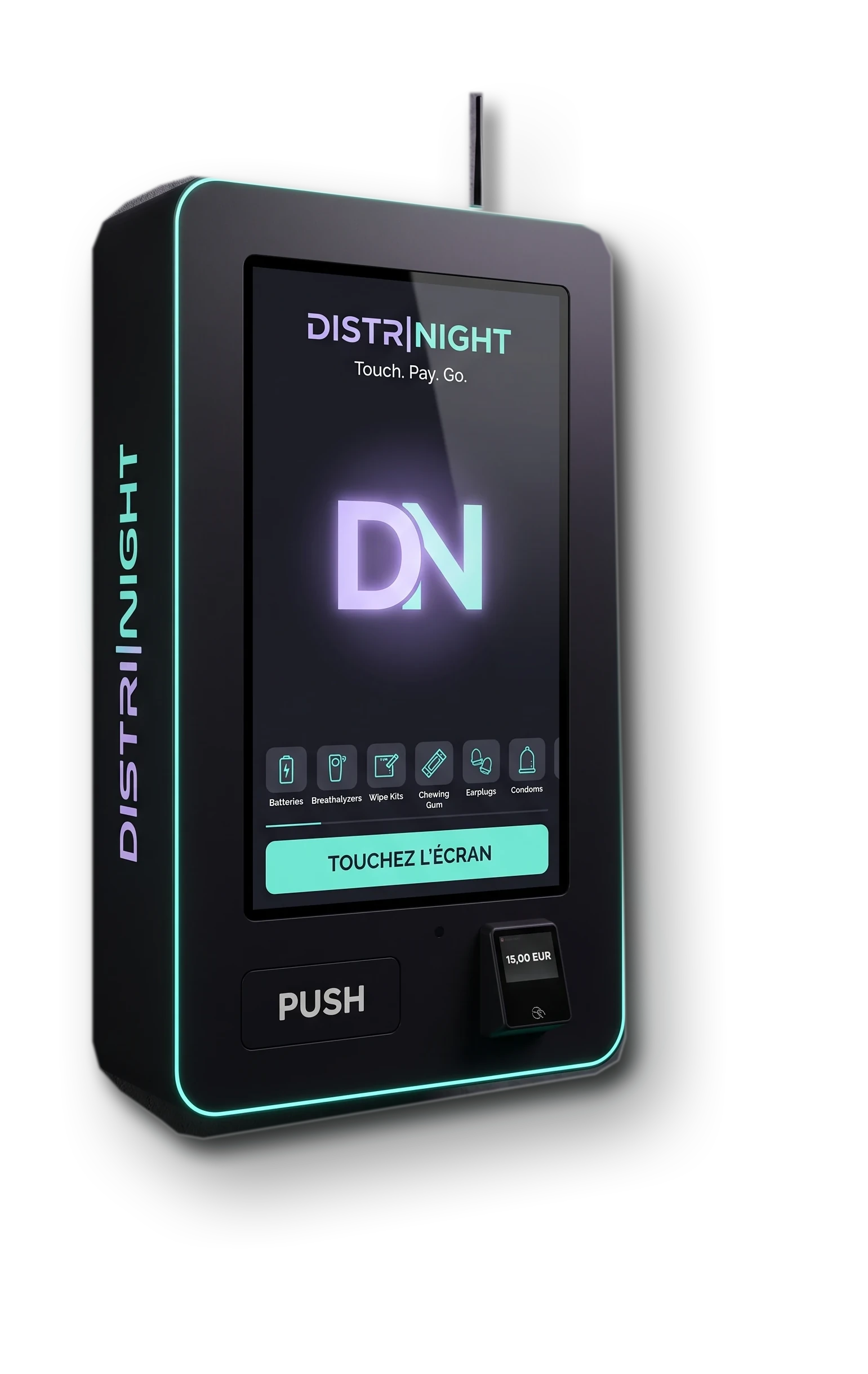 Distributeur mural Distrinight Compact S nouvelle génération, grand écran tactile vertical et terminal de paiement sans contact