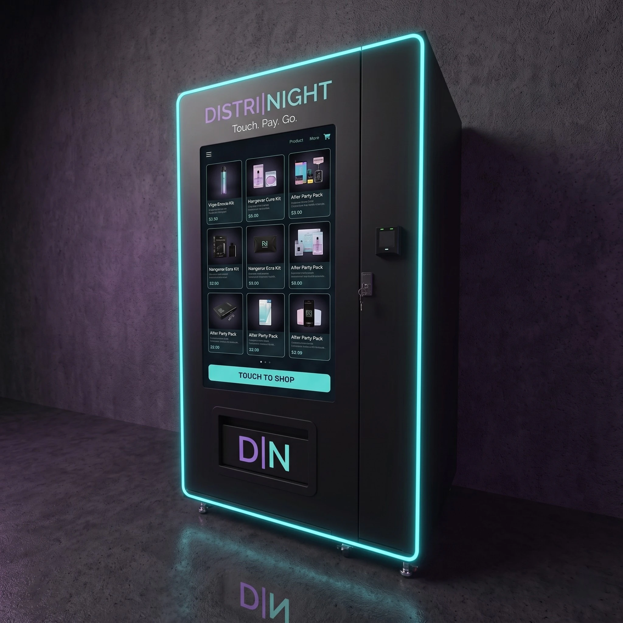 Distributeur Distrinight Premium L grand volume, écran tactile pleine hauteur et liseré néon