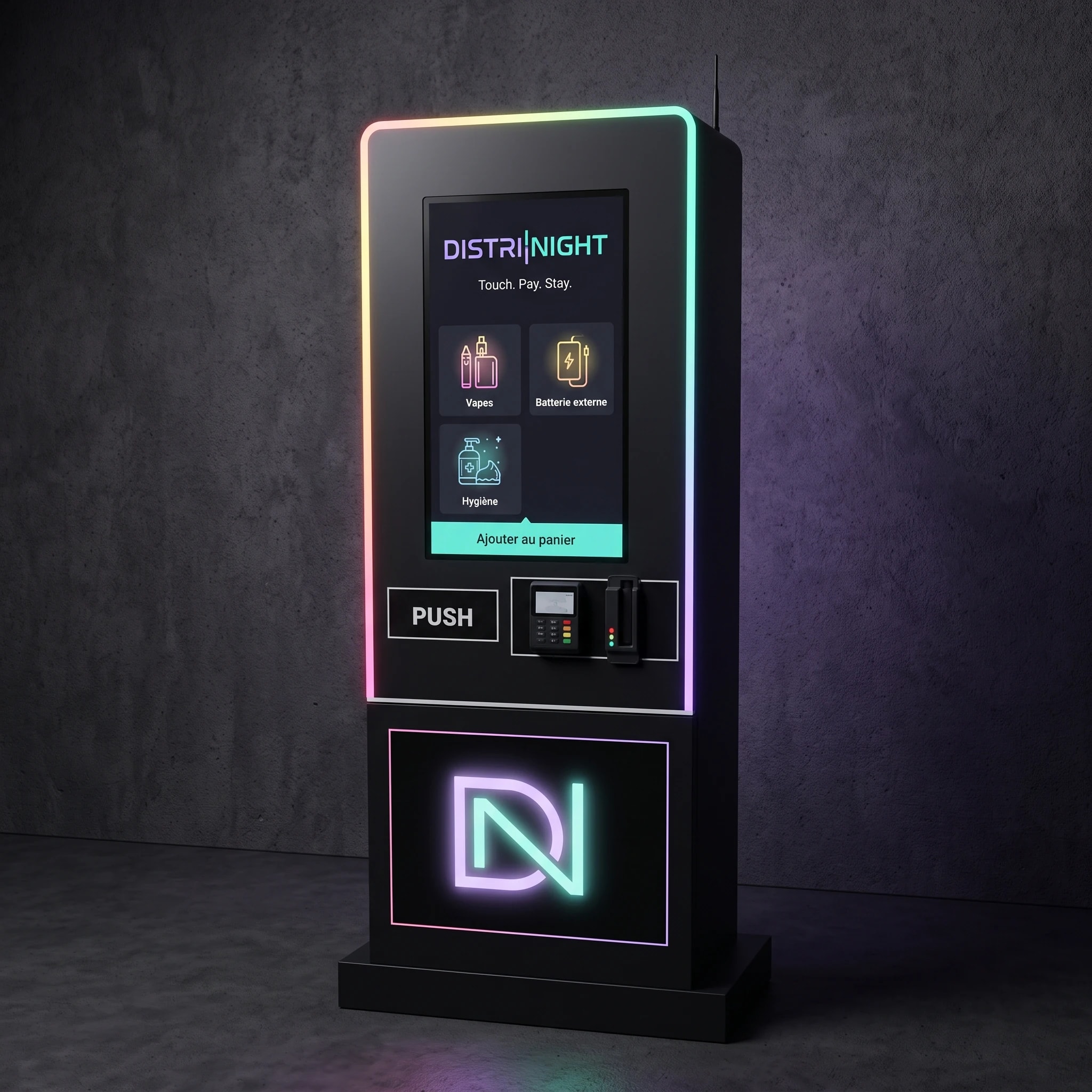 Distributeur Distrinight Standard M, totem sur pied avec écran tactile et monogramme DN lumineux