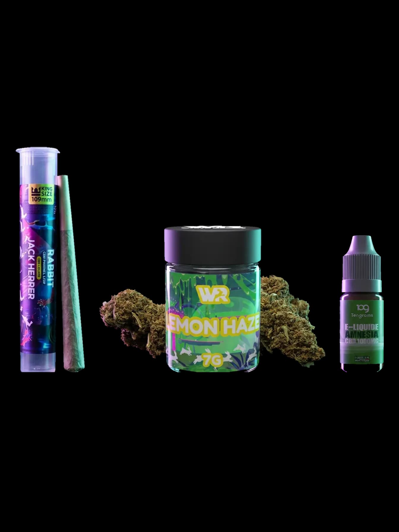 Pré-roulé CBD Jack Herer dans son tube, pot en verre de fleurs CBD Lemon Haze et e-liquide CBD Tengrams en flacon de 10 ml