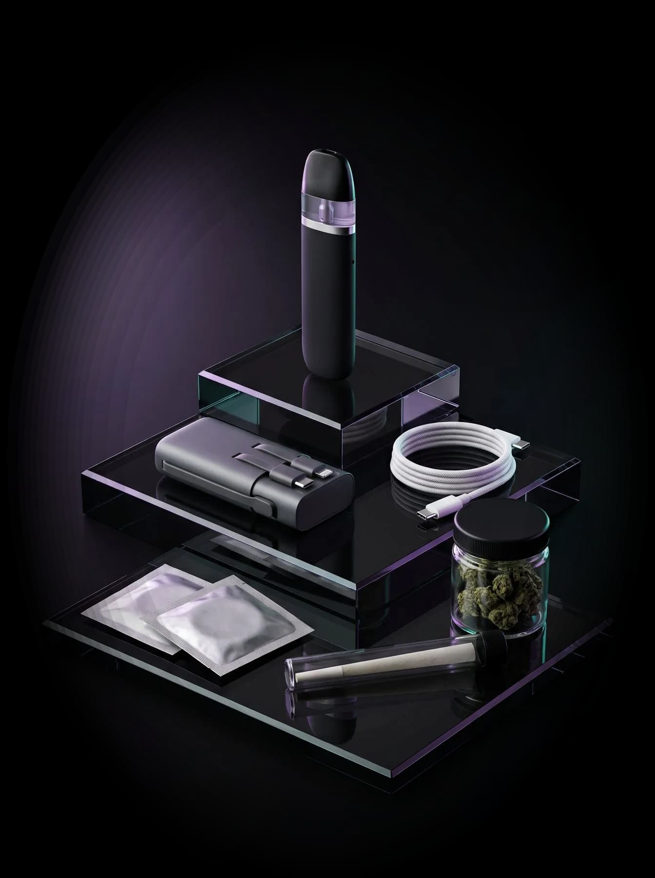 Produits des distributeurs Distrinight sur des socles en verre fumé : vape rechargeable, batterie externe à câbles intégrés, câble USB-C, préservatifs, pot de fleurs CBD et pré-roulé sous tube