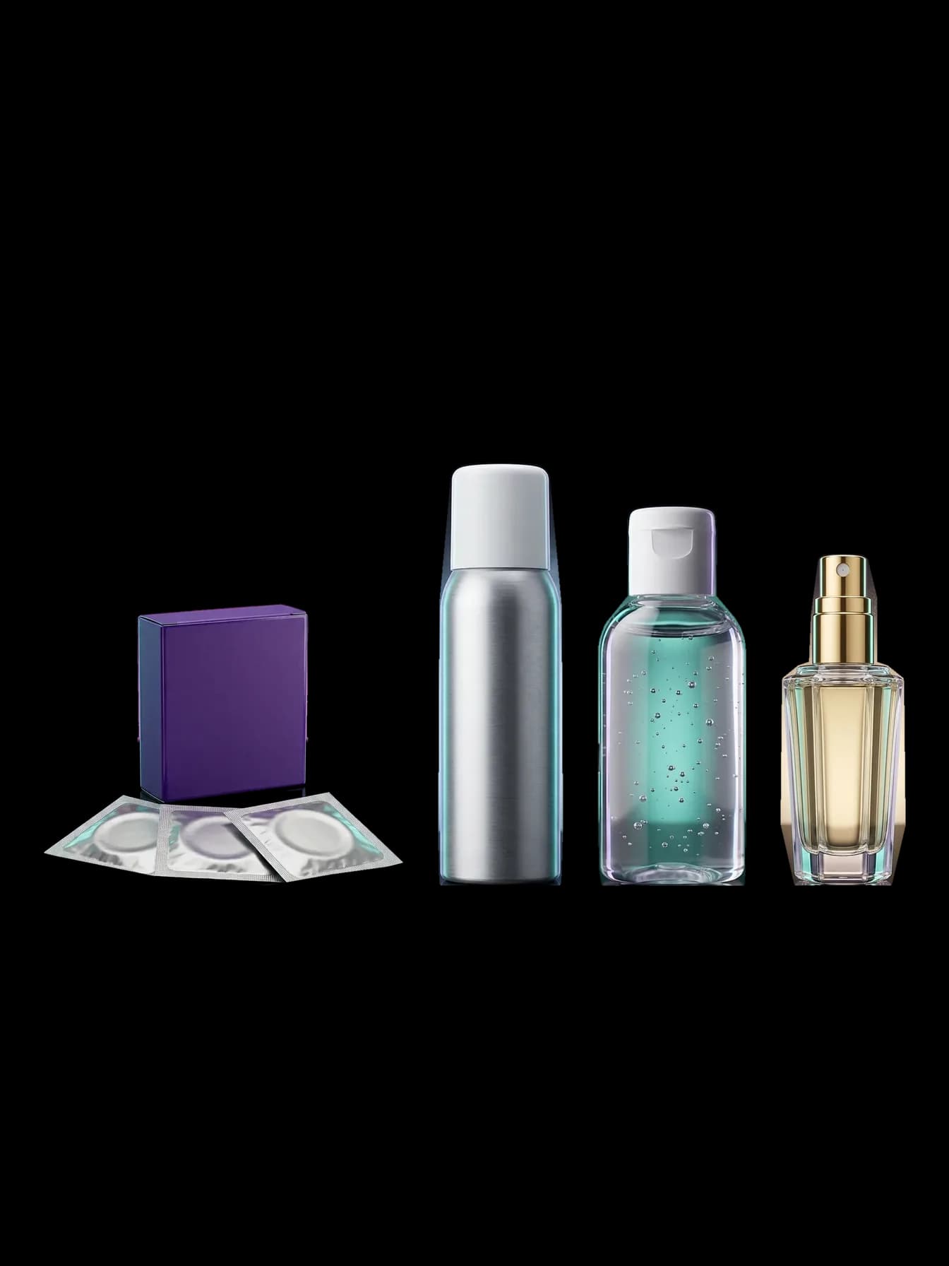Boîte de préservatifs et ses sachets, déodorant en spray, gel hydroalcoolique de poche et parfum, en format voyage