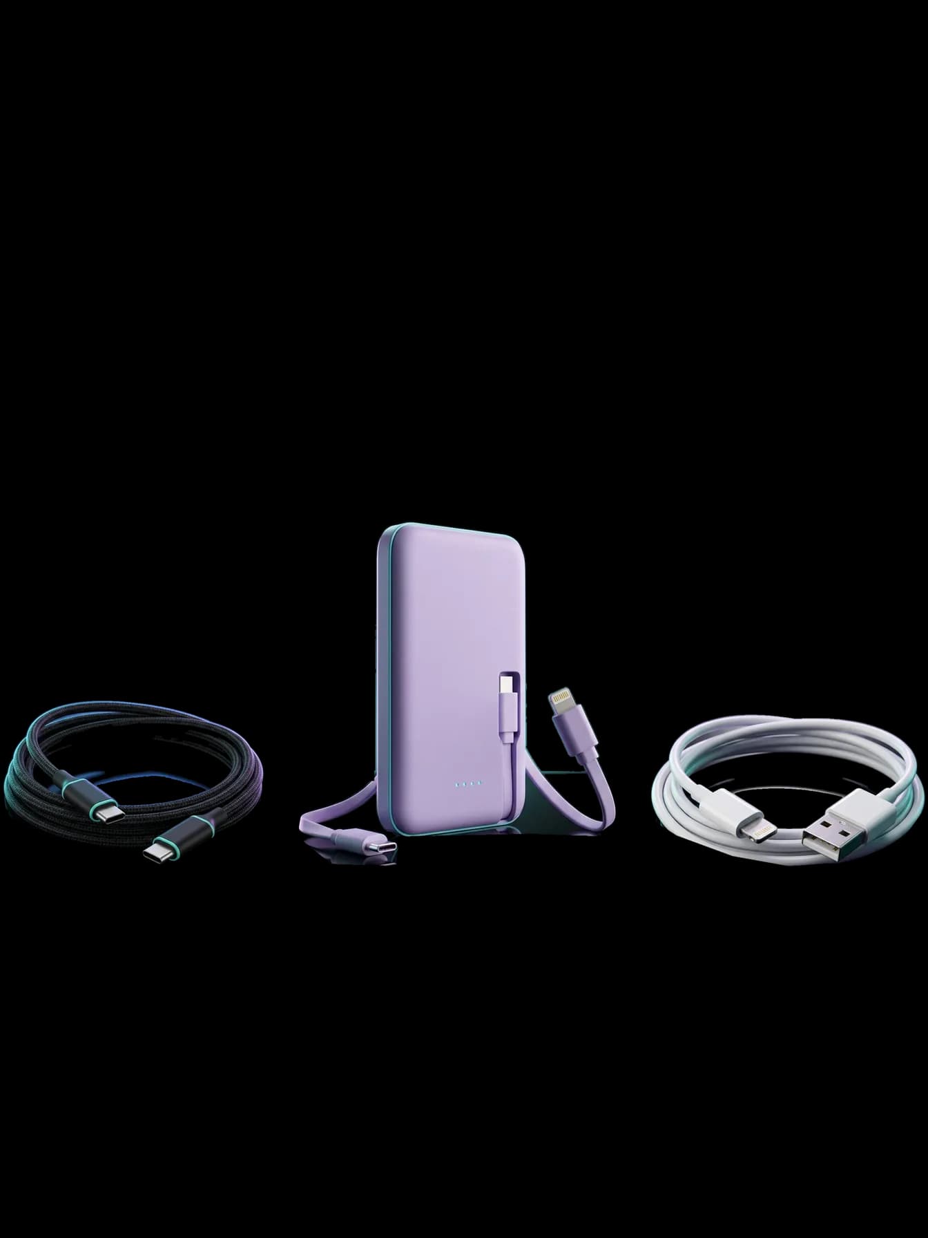 Câble USB-C tressé, batterie externe à câbles intégrés USB-C et Lightning, et câble Lightning