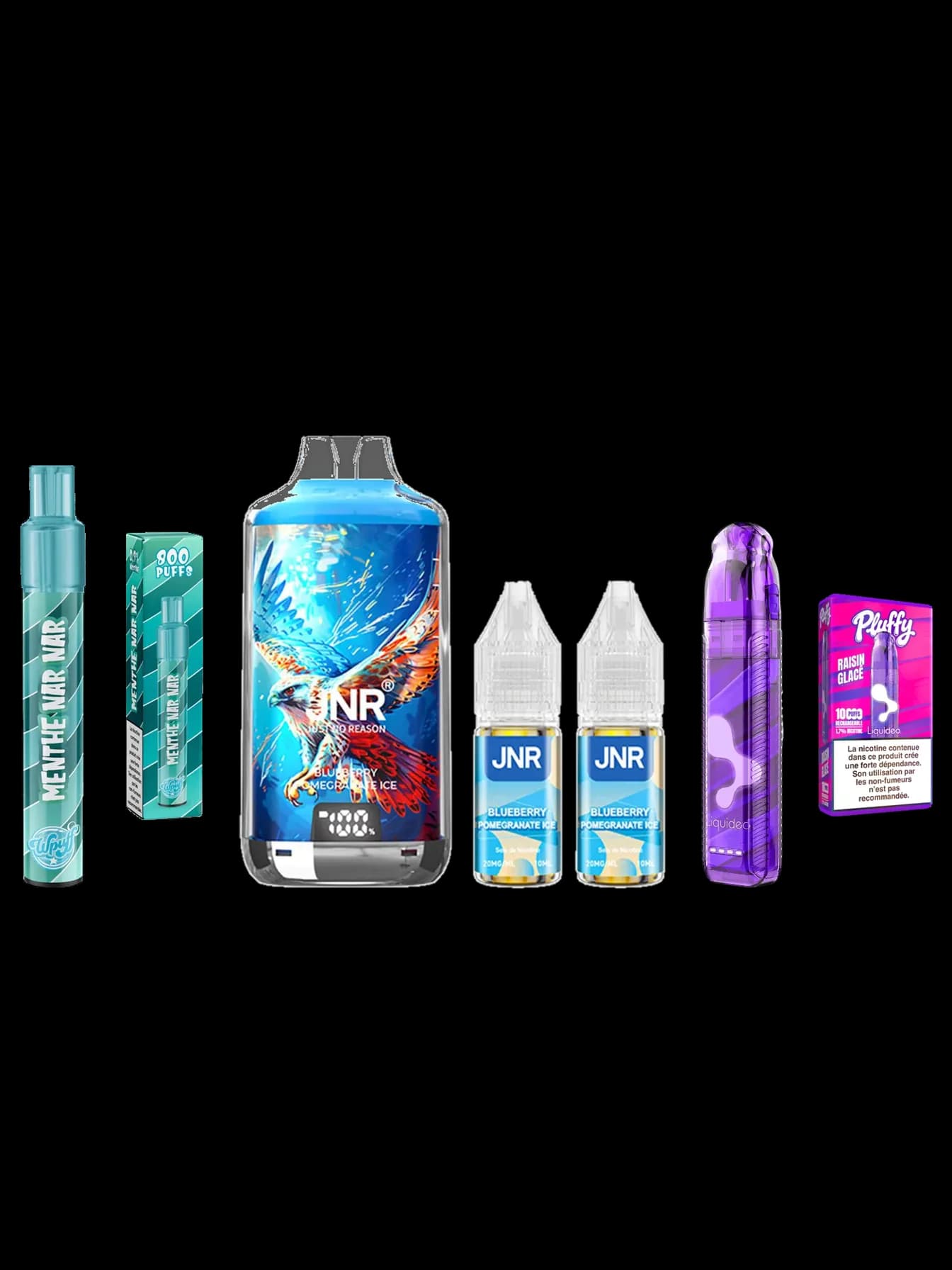 Puffs rechargeables JNR Falcon X, Liquideo Wpuff 2.0 et Liquideo Pluffy, présentées avec leur emballage